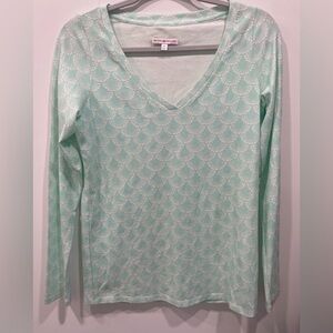 Peter Millar Woman TShirt Size Med White Green VNeck Long Sleeve Cotton Blend